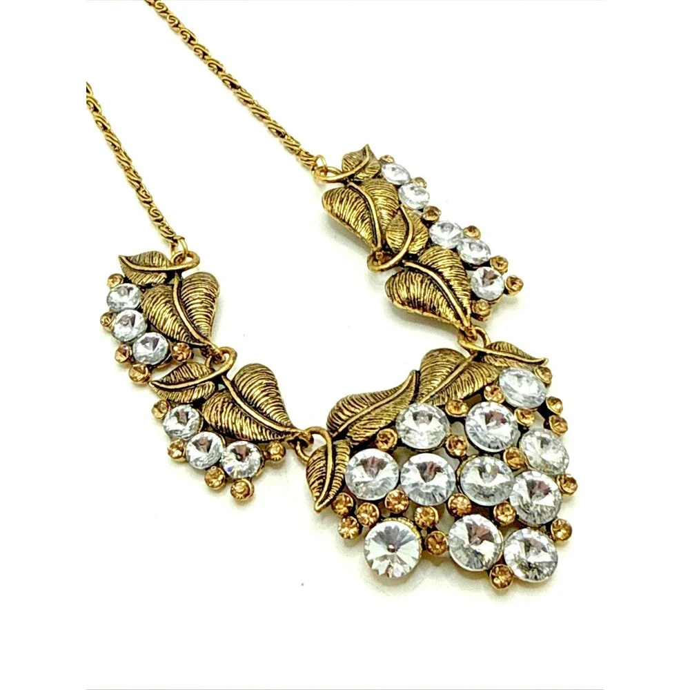 Clear Crystal Cluster Floral Bib Necklace Gold Tone Rivoli Rhinestone Statement